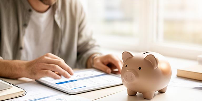 Persona revisando un plan de ahorro junto a una alcancía moderna en una mesa luminosa